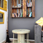 Mineral green spool table and large pallet shelf.
